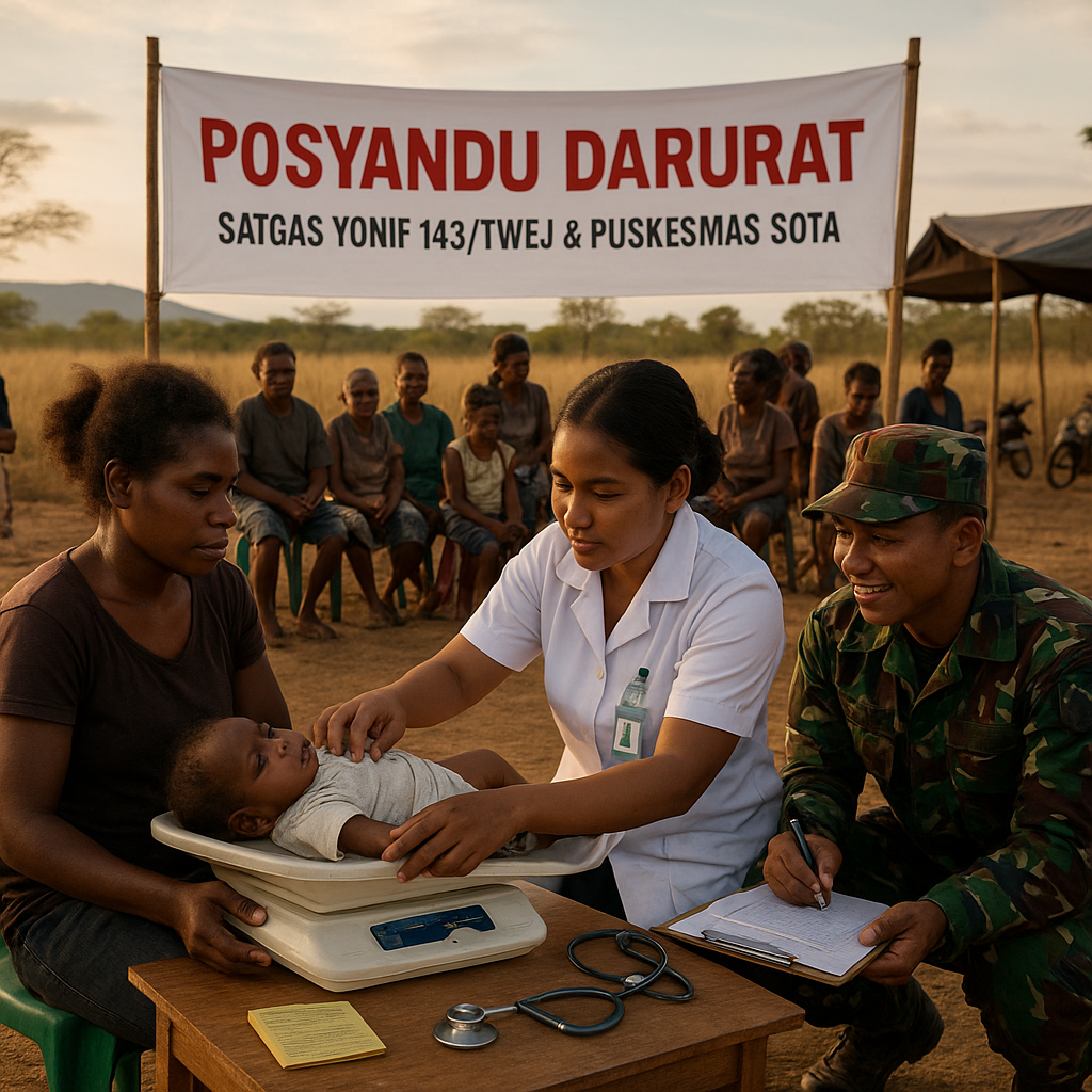 Satgas Yonif 143/TWEJ dan Puskesmas Sota Gelar Posyandu untuk Warga Perbatasan Merauke