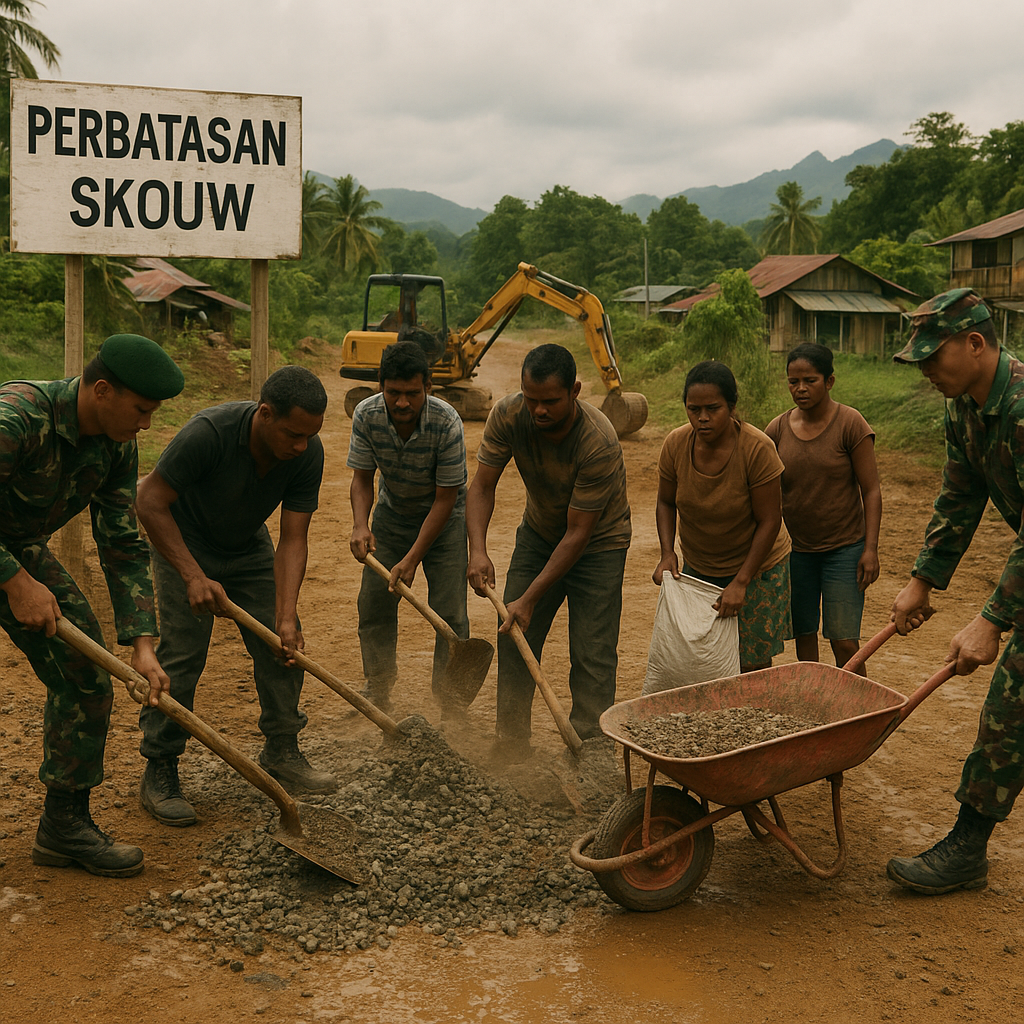 Satgas Yonif 713 Kostrad Bantu Perbaiki Jalan Rusak di Perbatasan Skouw, Papua