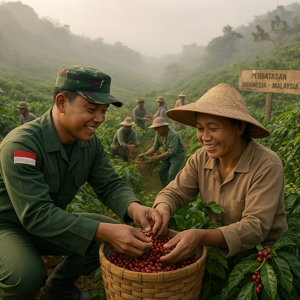Prajurit TNI Bantu Panen Kopi di Perkebunan Perbatasan Kalimantan-Malaysia