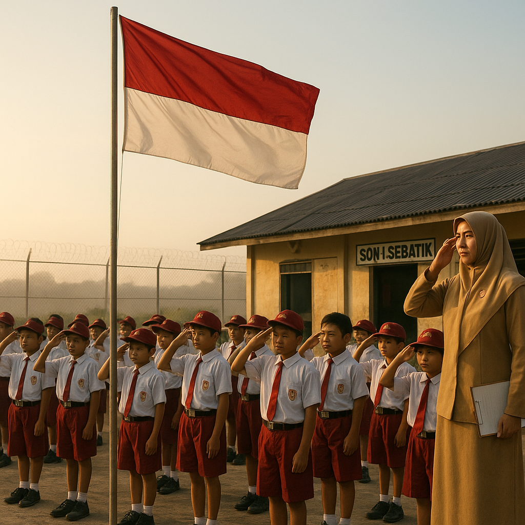 Upacara Bendera di SDN 1 Sebatik: Merah Putih Berkibar di Bawah Bayang-Bayang Pagar Negeri