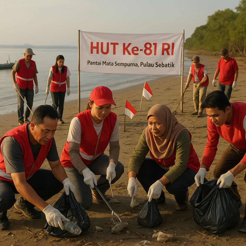 Warga Pulau Sebatik Bersih-Bersih Pantai Menyambut HUT Ke-81 RI