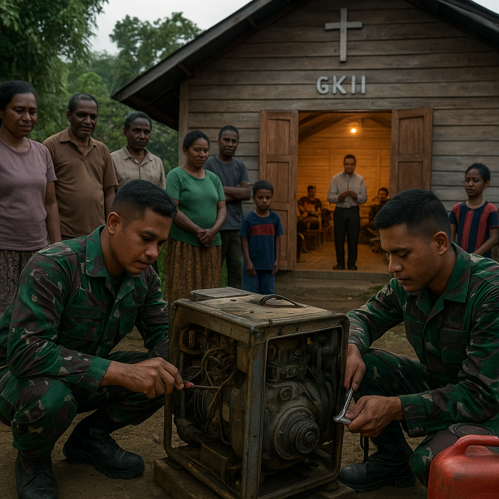 Perbaikan Genset oleh Satgas TNI, Gereja di Pedalaman Intan Jaya Kembali Terang untuk Ibadah