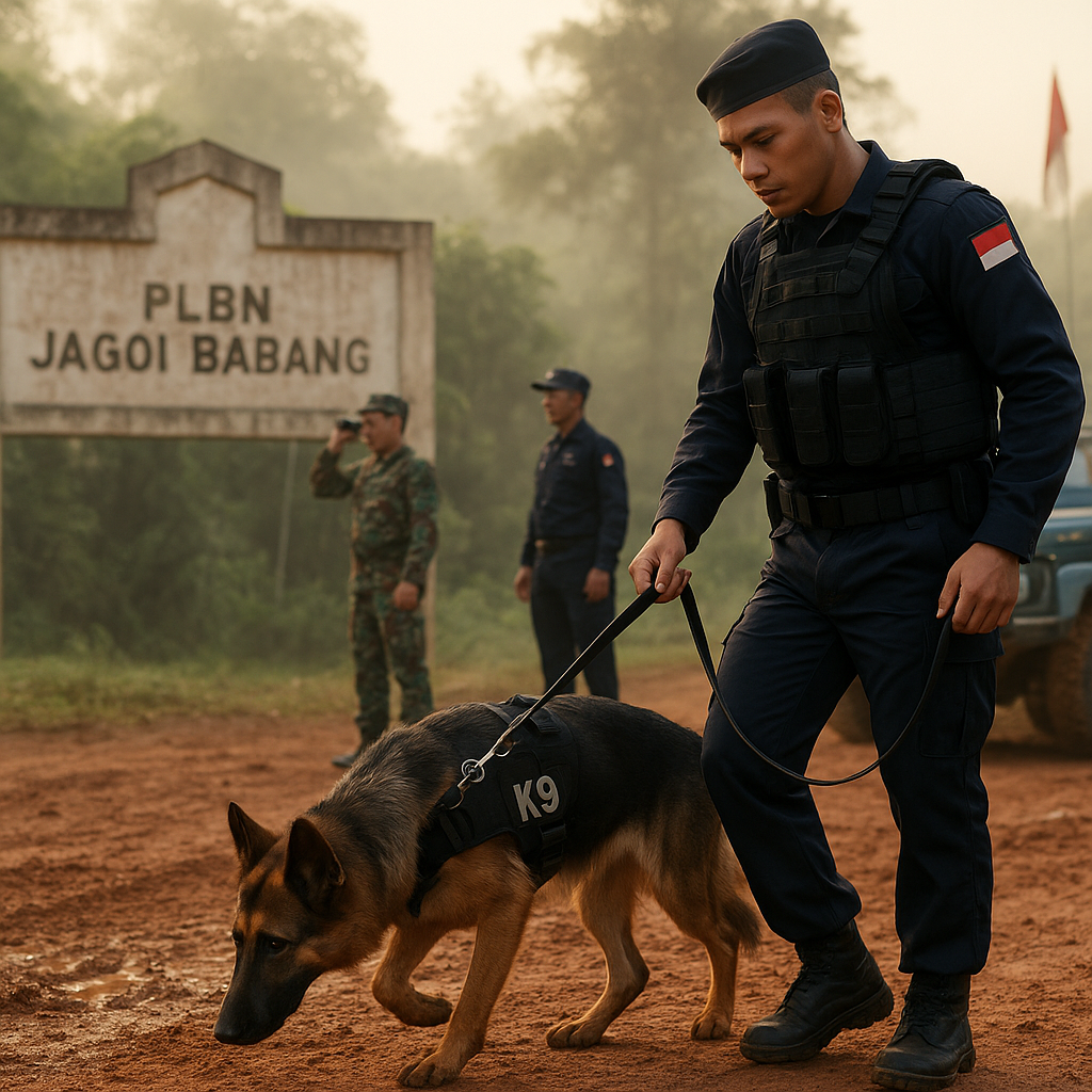 Patroli Perbatasan RI-Malaysia dengan Anjing Pelacak di PLBN Jagoi Babang