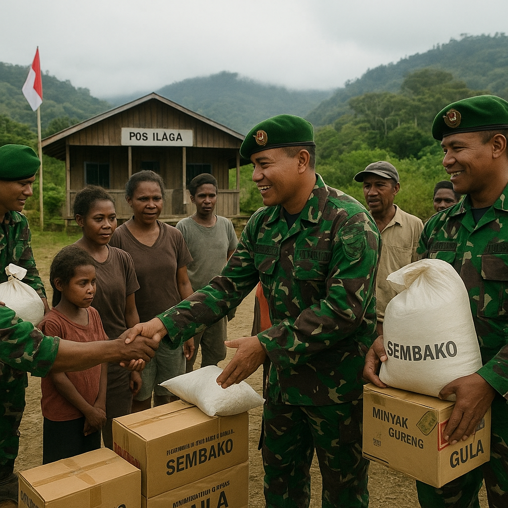 Satgas Pasgat Salurkan Bantuan Sosial untuk Warga Sekitar Pos Ilaga di Perbatasan RI-PNG