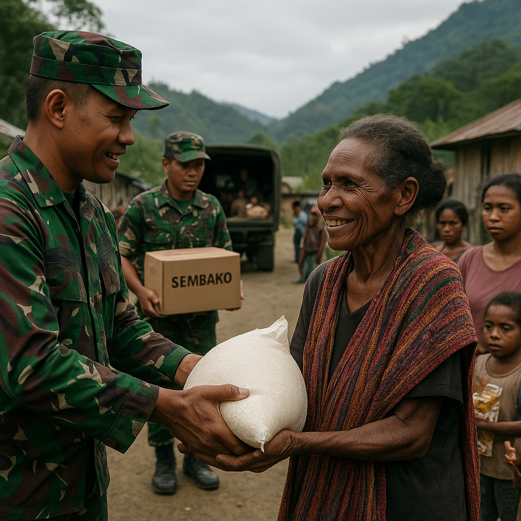 Prajurit TNI Bagikan Bantuan Sembako ke Warga Perbatasan Papua