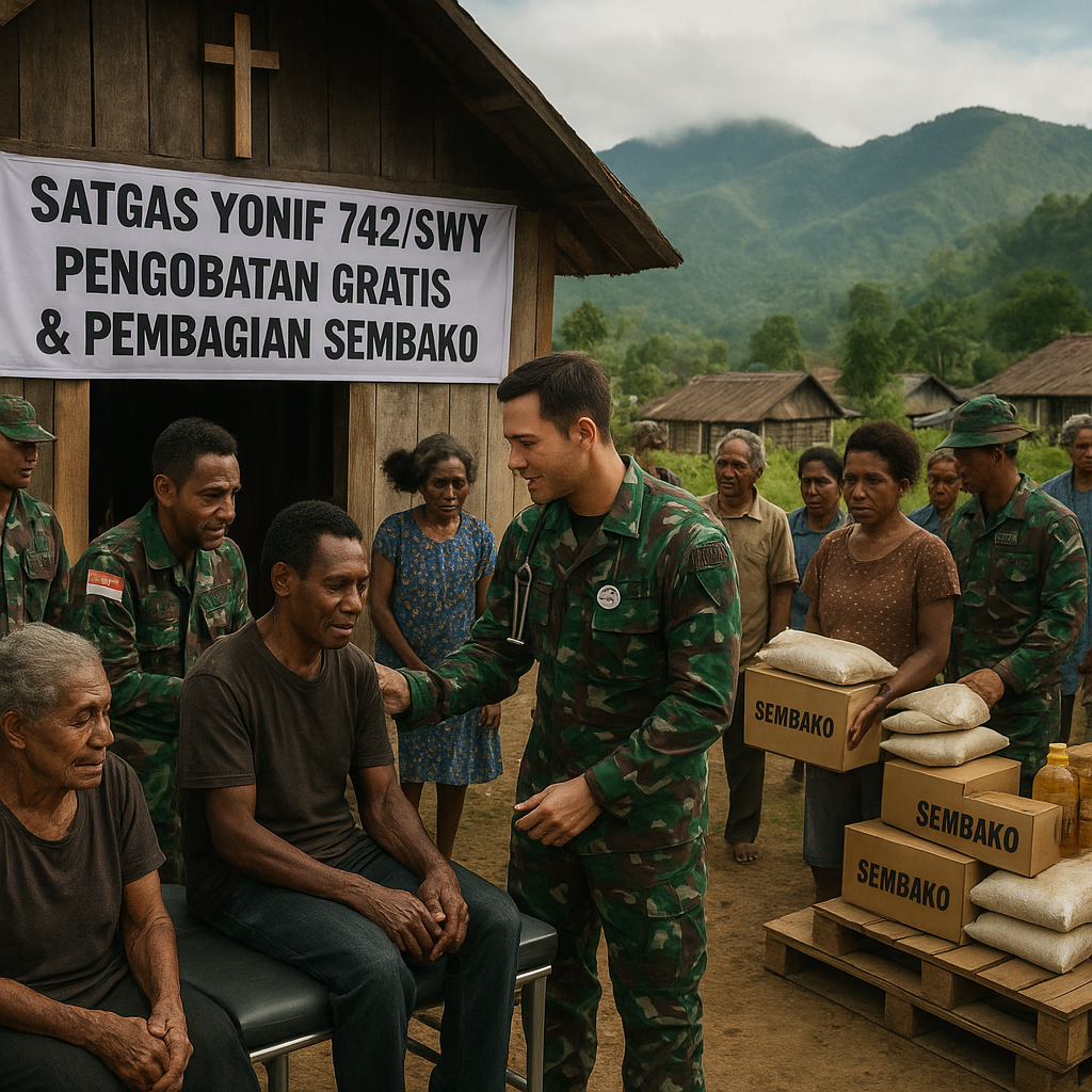 Satgas Yonif 742/SWY Gelar Pengobatan Gratis dan Bagikan Sembako di Pedalaman Lanny Jaya