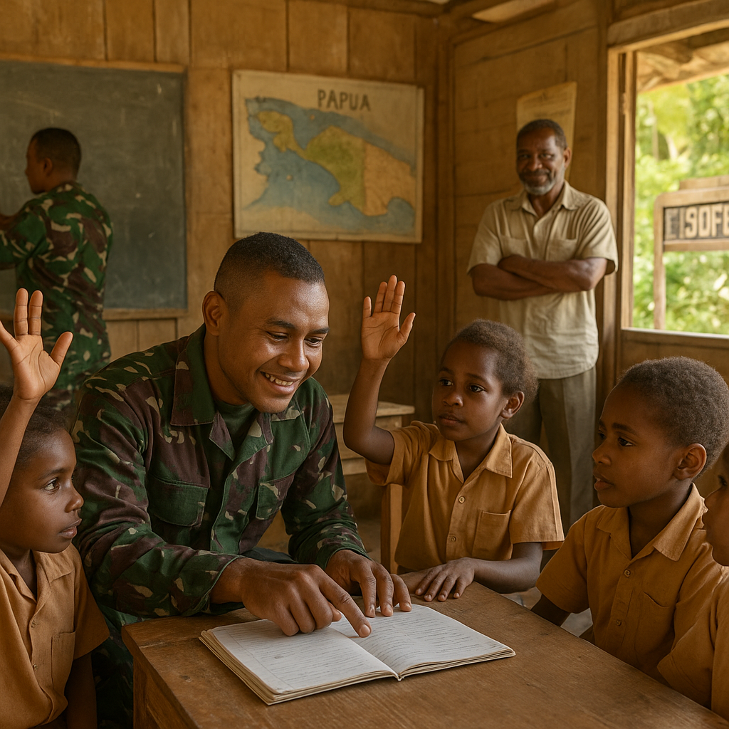 Prajurit TNI Bantu Mengajar Anak-anak di Sekolah Perbatasan Papua