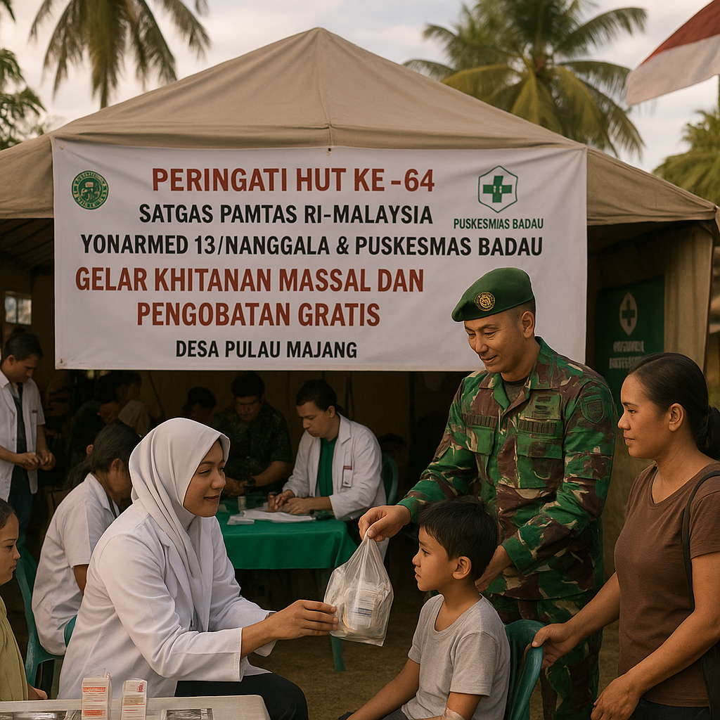 Peringati HUT Ke-64, Satgas Pamtas RI-Malaysia Yonarmed 13/Nanggala Gandeng Puskesmas Badau Gelar Khitanan Massal dan Pengobatan Gratis di Desa Pulau Majang