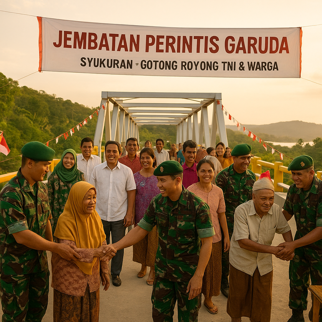TNI dan Warga Syukuran di Atas Jembatan Perintis Garuda yang Baru Rampung
