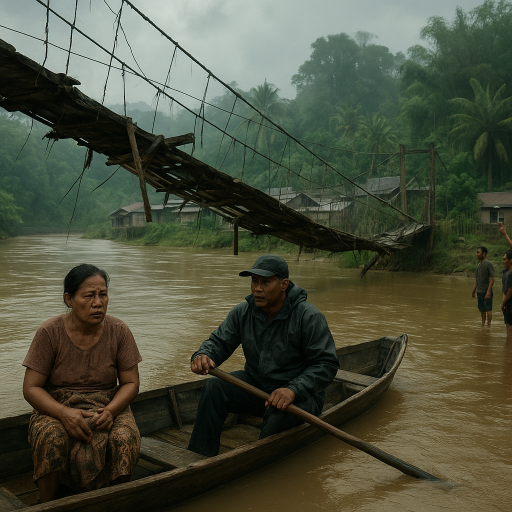 Jembatan Gantung Rusak Parah, Warga Perbatasan Entikong Harus Menyeberang Sungai dengan Perahu
