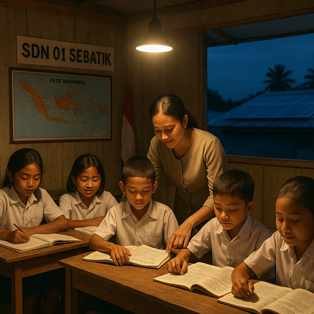Belajar di Bawah Lampu Tenaga Surya: Kisah Sekolah SDN 01 Sebatik di Pulau Terdepan
