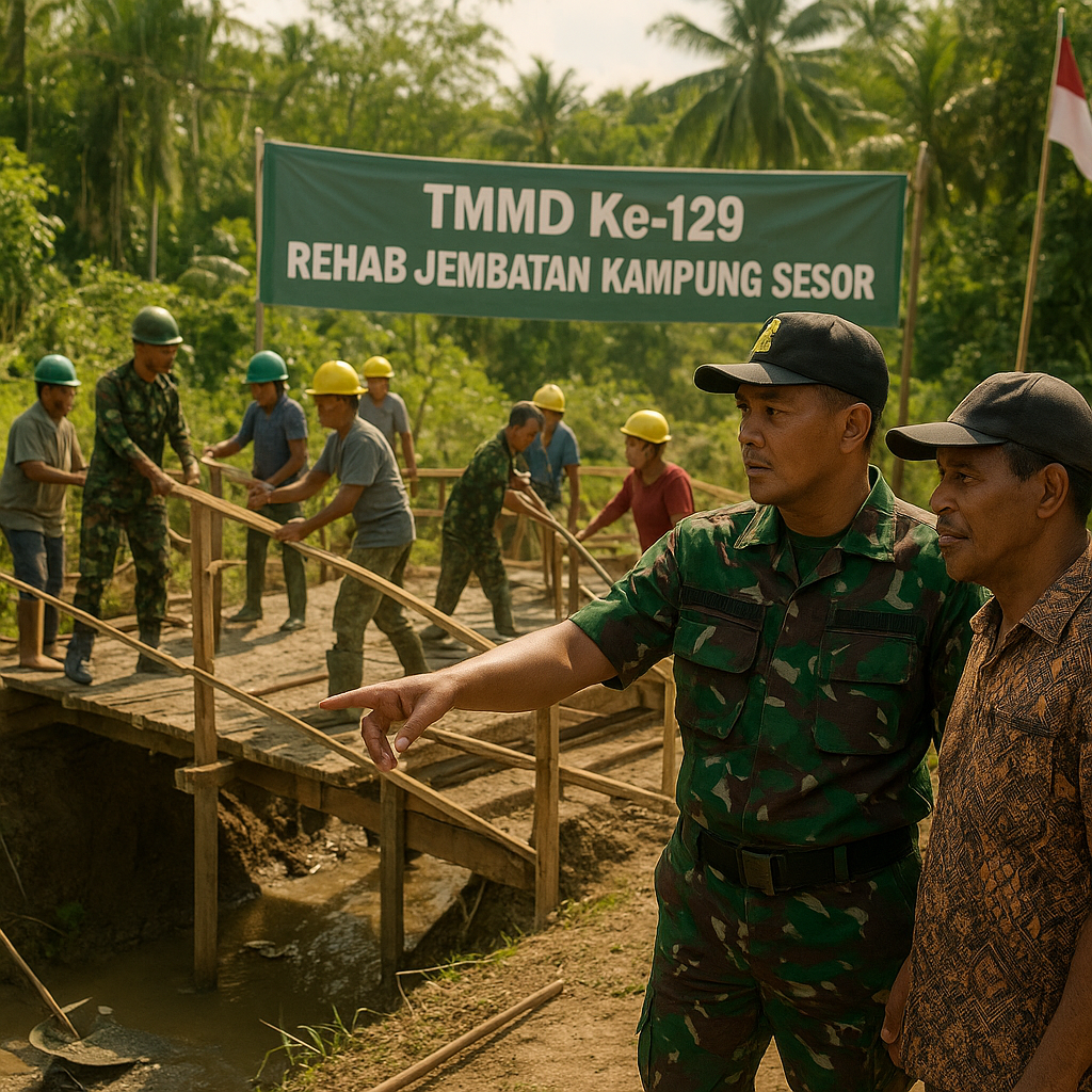 Dansatgas TMMD Ke-129 Tinjau Langsung Rehab Jembatan di Kampung Sesor, Pastikan Pembangunan Tepat Sasaran dan Berkualitas
