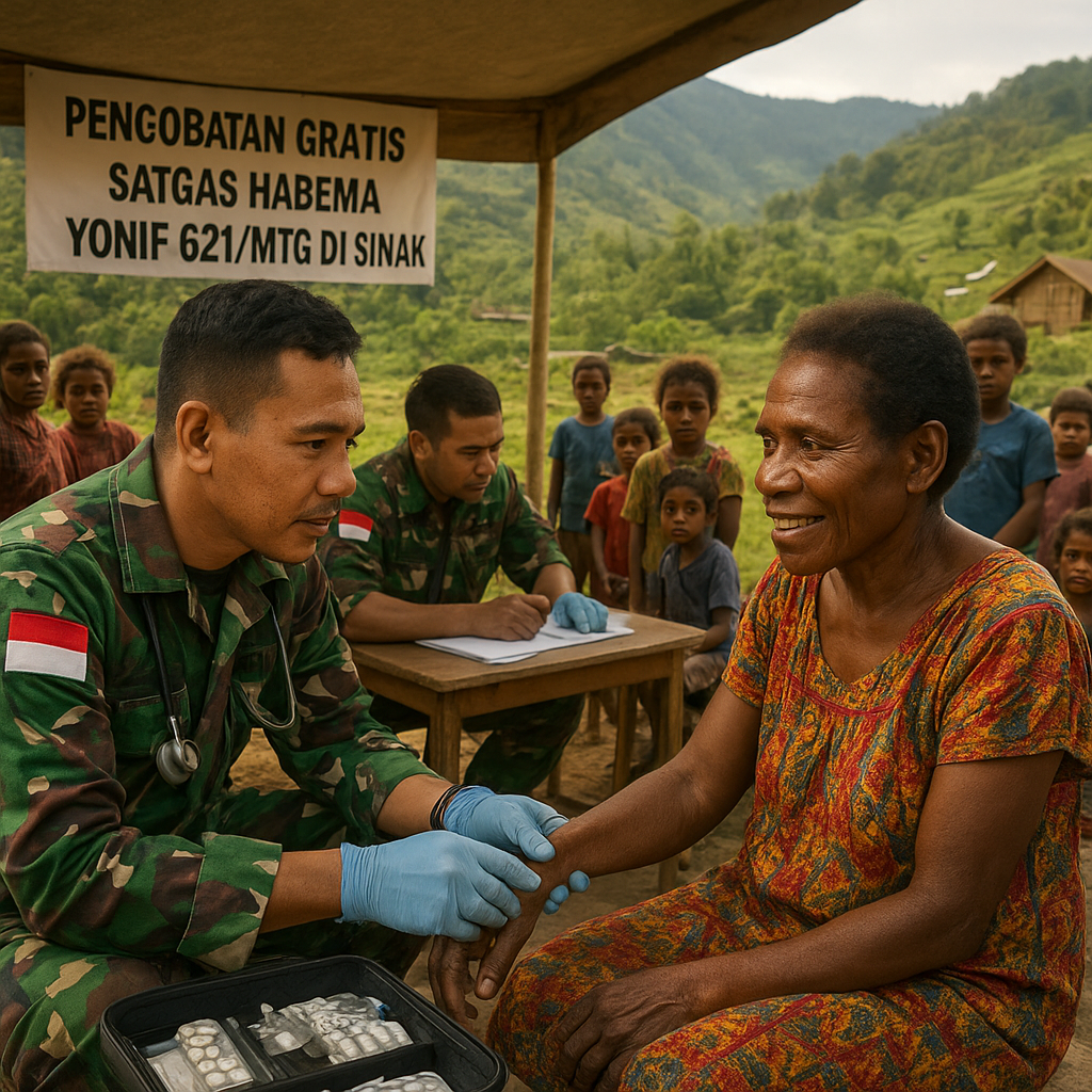 Satgas HABEMA Yonif 621/Mtg Gelar Pengobatan Gratis di Sinak, Warga Pedalaman Papua Sambut Antusias