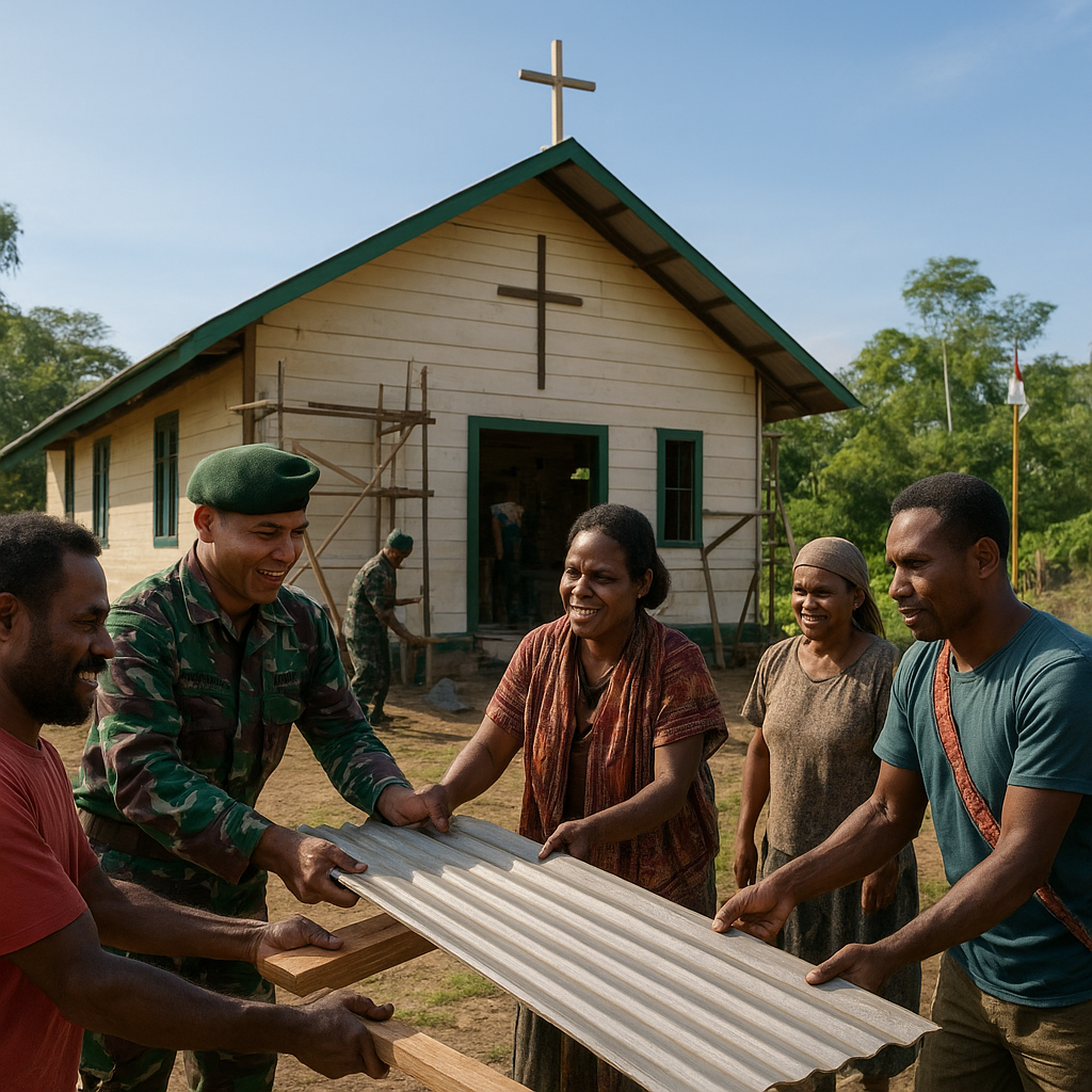 Satgas Yonif 121/MK dan Warga Papua: Gotong Royong Bangun Harapan di Gereja