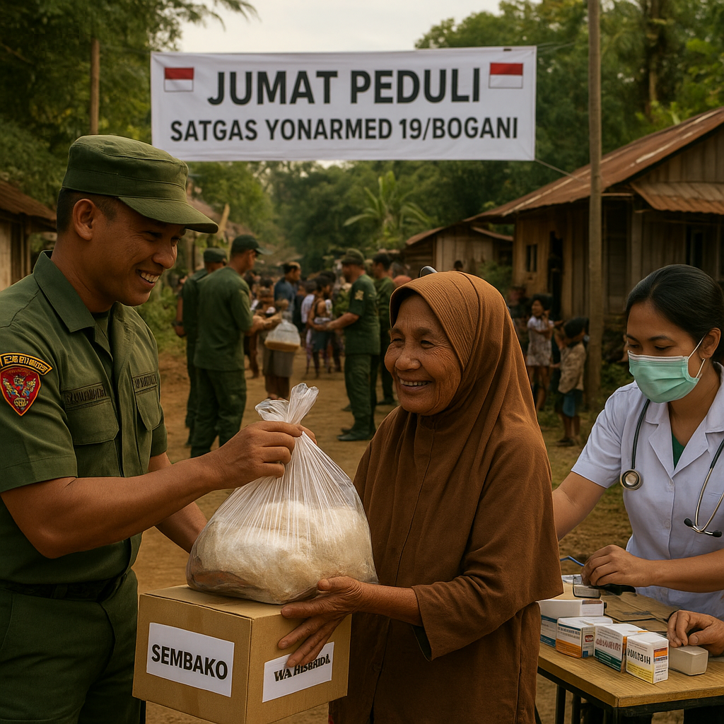 Jumat Peduli di Perbatasan, Satgas Yonarmed 19/Bogani Bagikan Sembako dan Layanan Kesehatan Gratis