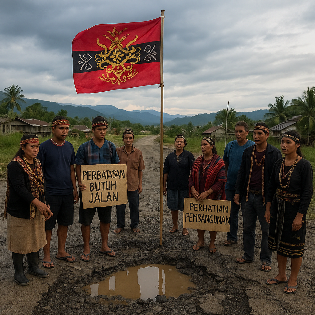 Bendera Dayak Borneo Dikibarkan di Jalanan Rusak Krayan sebagai Kritik Pembangunan