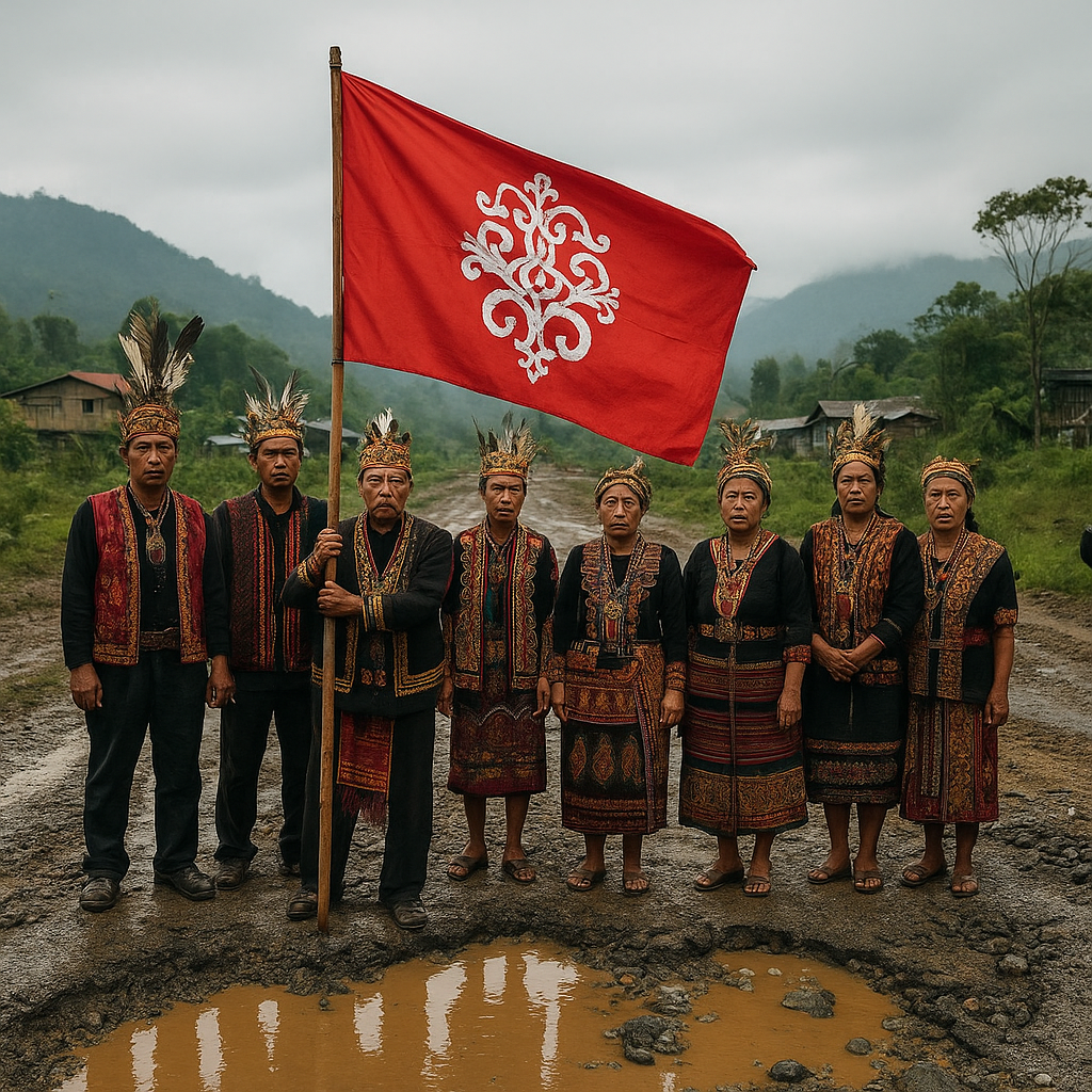 HUT RI 81, Bendera Dayak Borneo Dikibarkan di Jalanan Rusak di Pelosok RI – Malaysia di Dataran Tinggi Krayan