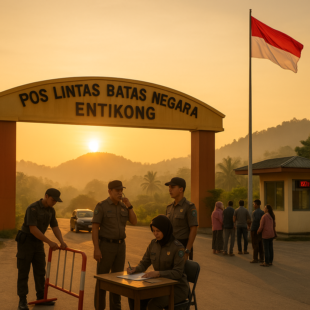 Matahari Pagi Menyapa Pos Lintas Batas Negara Entikong, Petugas Bersiap Layani Warga