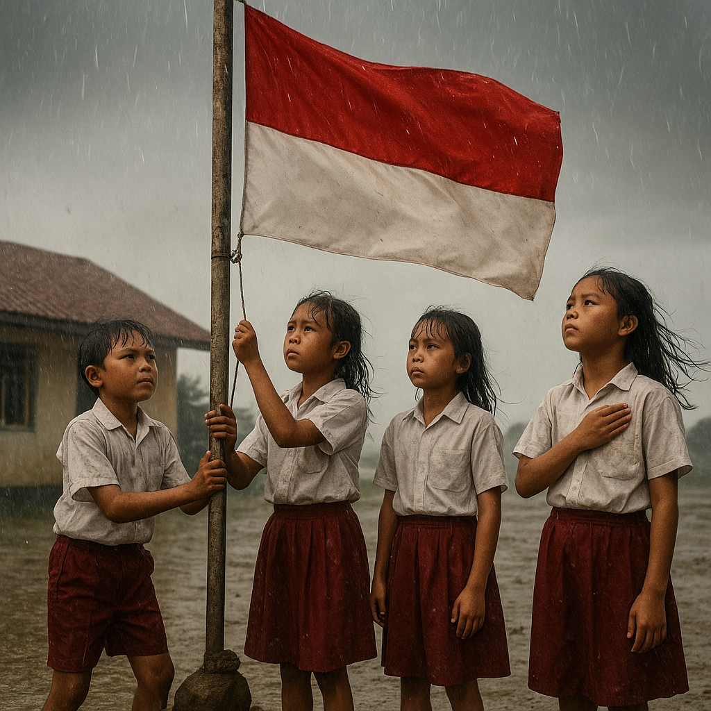 Di Pulau Sebatik, Bendera Merah Putih Tetap Berkibar meski Angin Kencang dan Hujan