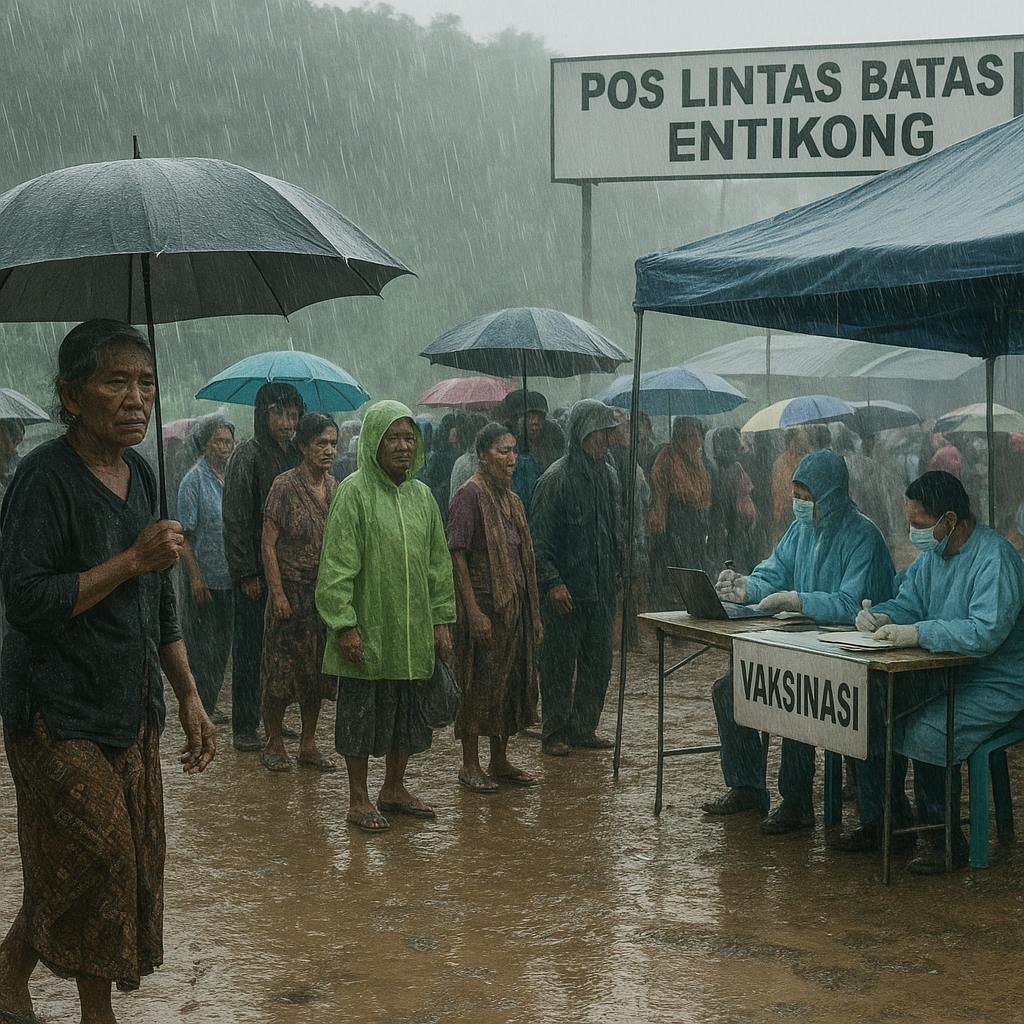 Potret Perbatasan: Warga Entikong Antre Berjam-jam untuk Vaksin di Tengah Hujan Deras