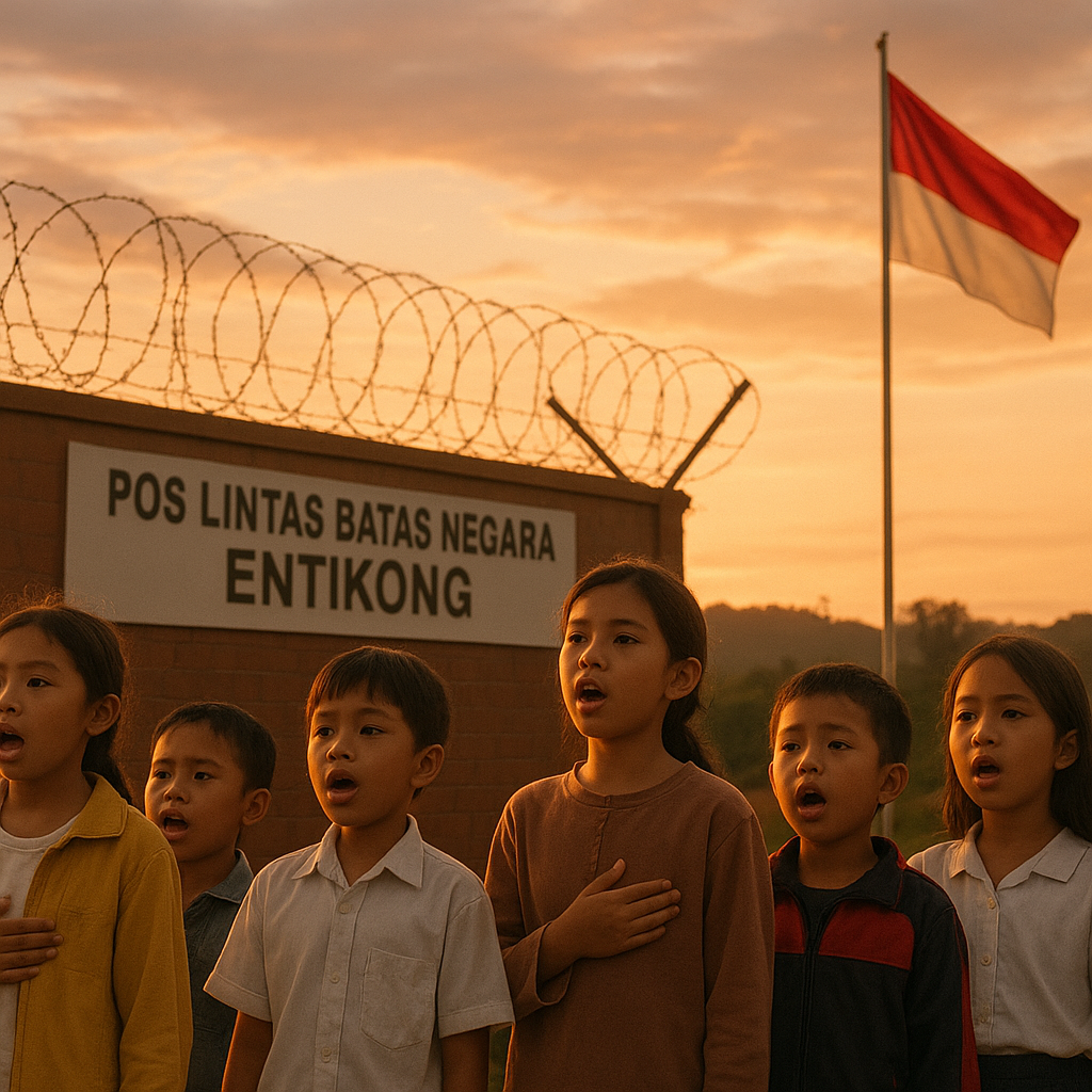 Anak-Anak Perbatasan Entikong Bernyanyi Lagu Indonesia Raya di Pos Lintas Batas