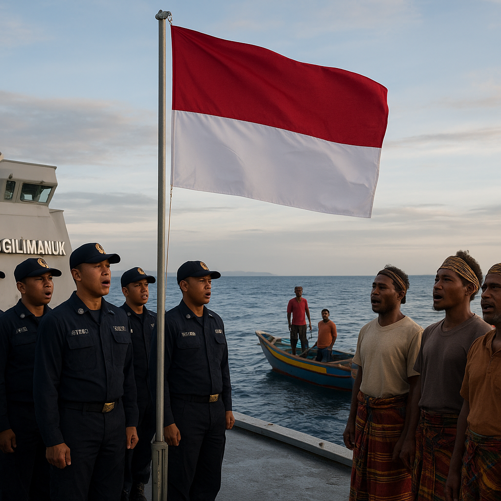 Upacara di Kapal Patroli di Laut Arafuru: Prajurit TNI AL dan Nelayan Sama-sama Menyanyikan Indonesia Raya