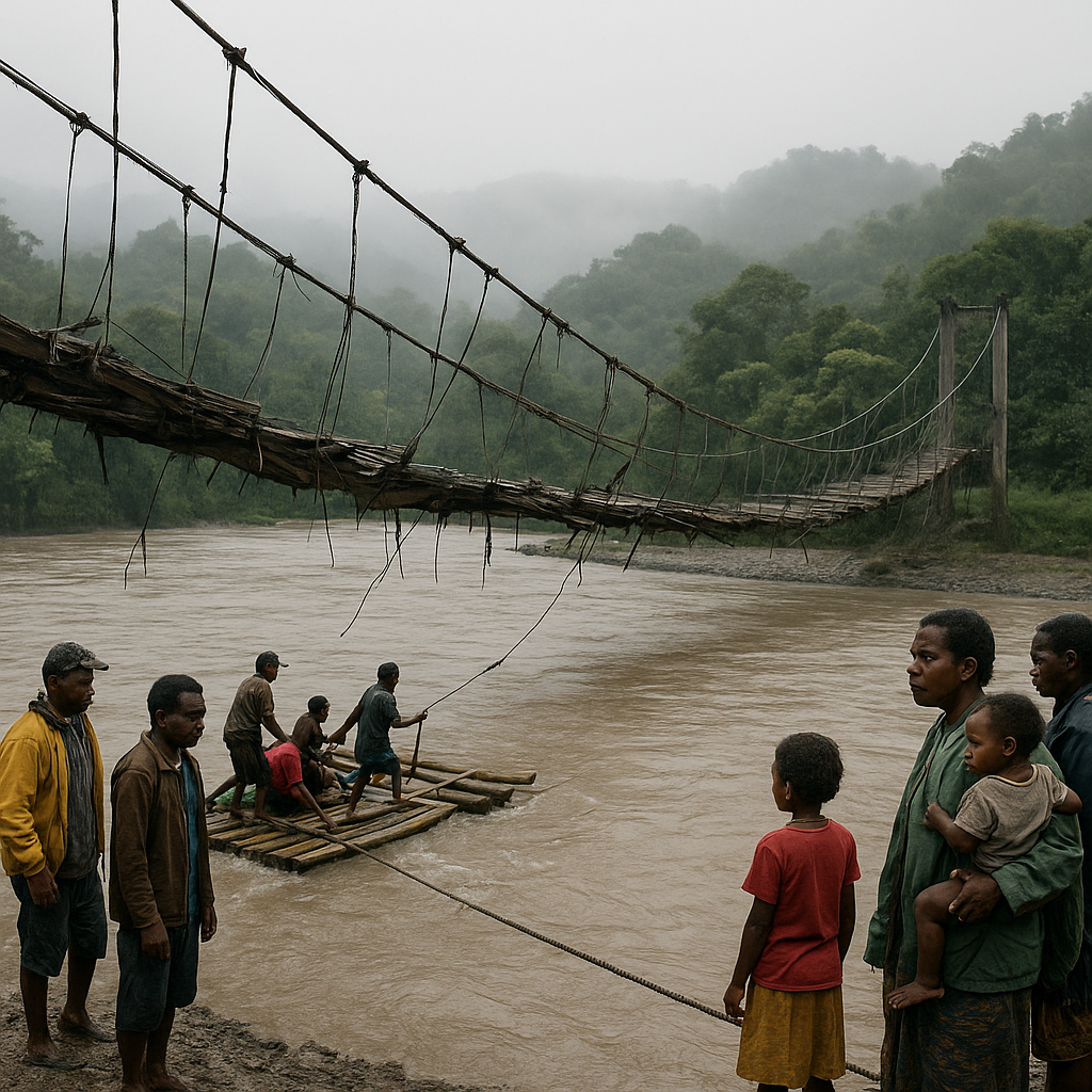 Jembatan Gantung Rusak Parah, Warga Perbatasan Papua-Nugini Harus Menyeberang Sungai Pakai Rakit