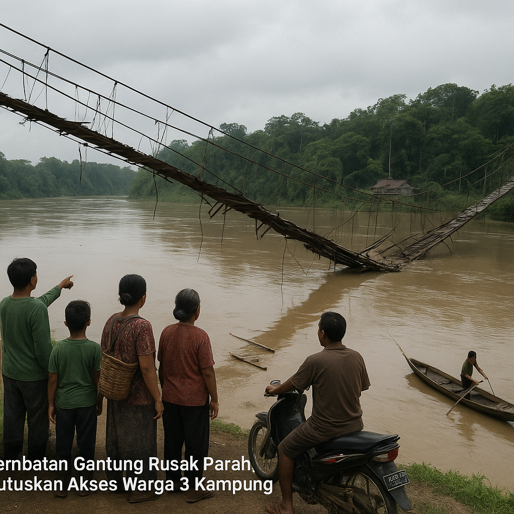 Jembatan Gantung Rusak Parah Putuskan Akses Warga 3 Kampung di Perbatasan Kalimantan