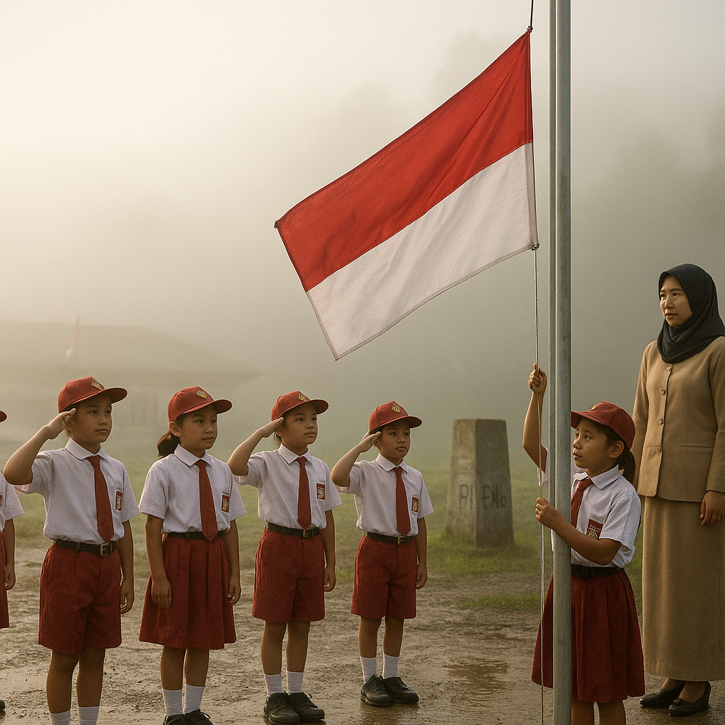 Di Tengah Kabut Perbatasan, Anak-Anak Sekolah Kibarkan Merah Putih di PLBN Skouw