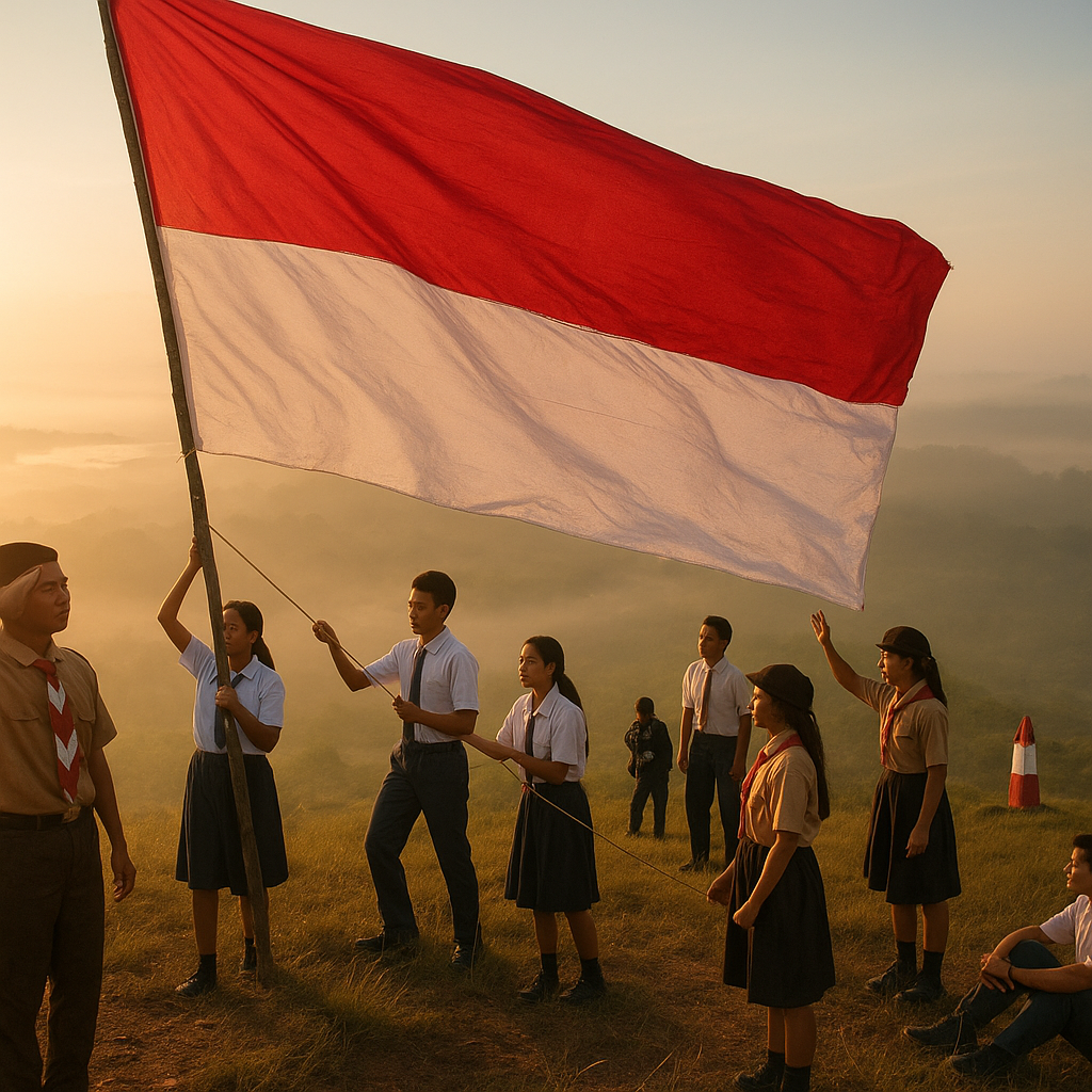 Pelajar di Nunukan Kibarkan Merah Putih Raksasa di Bukit Batas