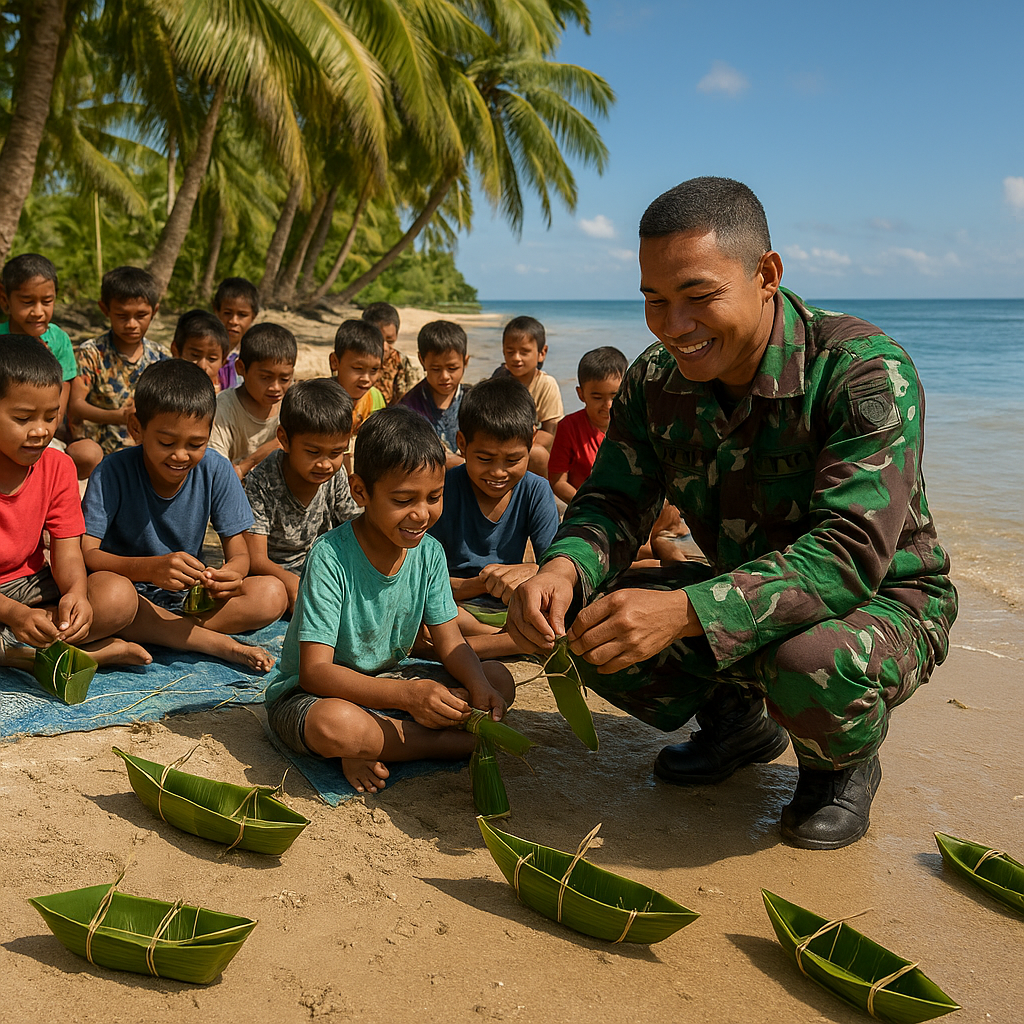 Prajurit TNI di Pulau Miangas Ajarkan Anak-Anak Buat Kapal Tradisional dari Pelepah Pisang