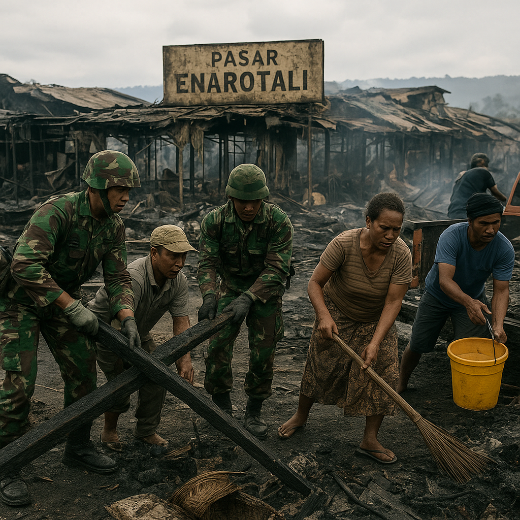 Satgas Yonif 2 Marinir Gotong-royong Bantu Dampingi Warga Pulihkan Pasar Enarotali, Dari Api hingga Puing