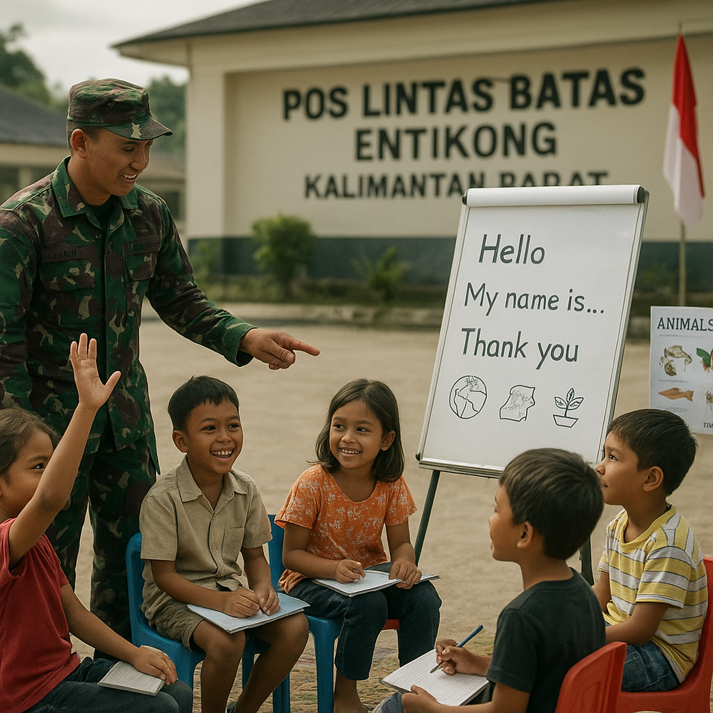 Anak-Anak Perbatasan Belajar Bahasa Inggris dan Pengetahuan Umum Lewat Kelas Inspirasi di Pos Lintas Batas