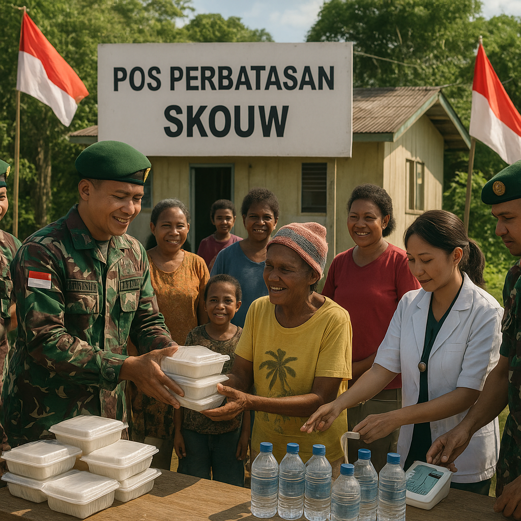 Warga Skouw Rayakan HUT TNI dengan Bagi-bagi Makanan di Pos Perbatasan