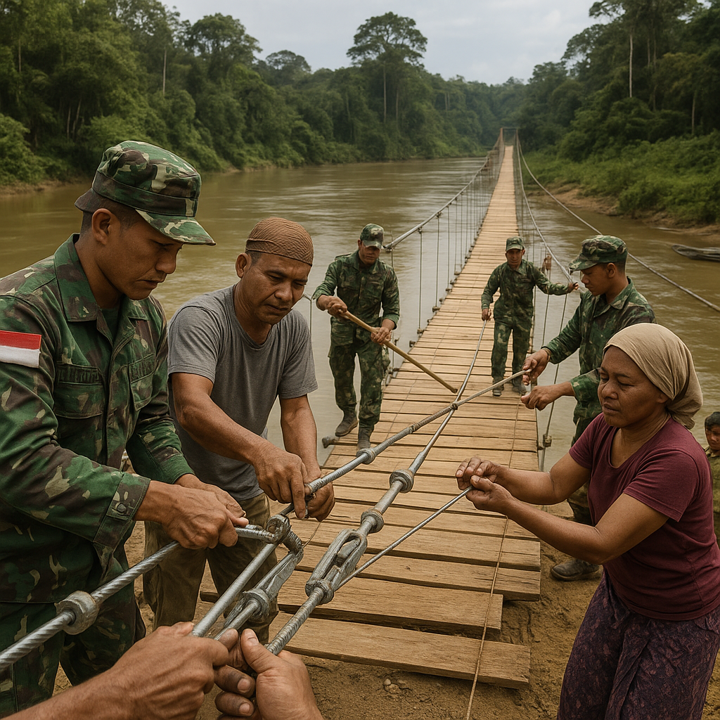 Satgas Pamtas Yonif 642/Kapuas Bangun Jembatan Gantung di Perbatasan Kalimantan Barat