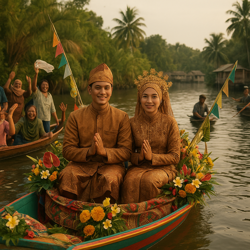 Pasangan Pengantin Warga Perbatasan Diarak Keliling Kampung Pakai Perahu di Sungai Sesayap