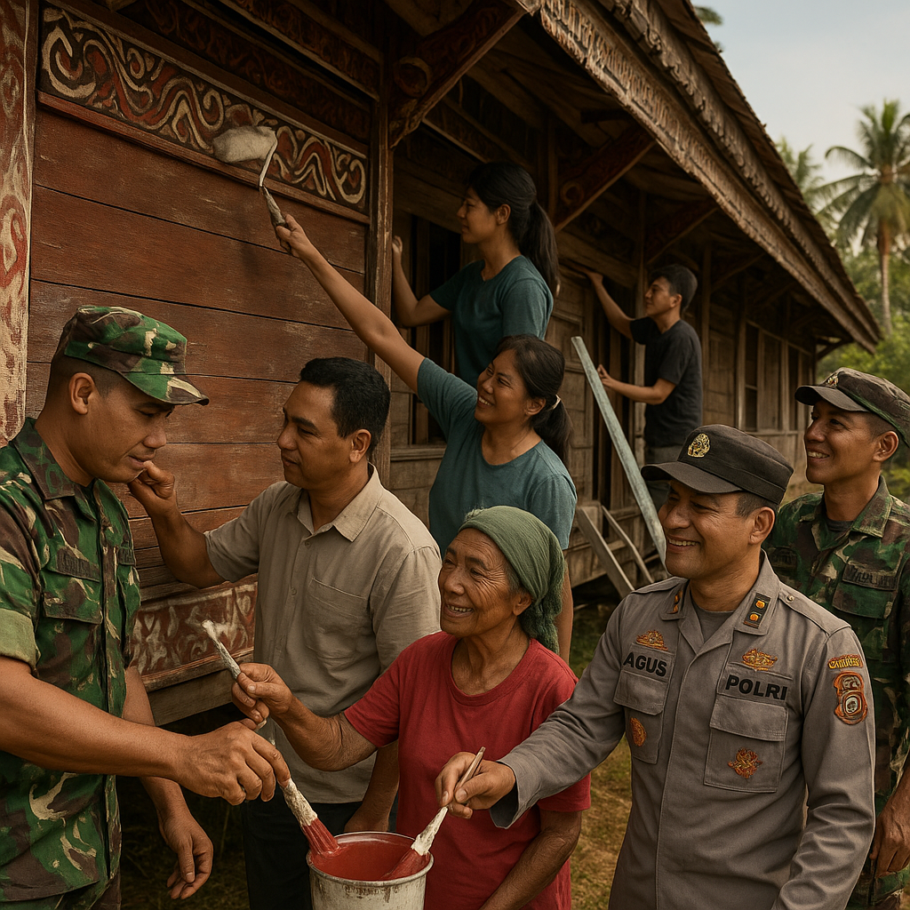 Gotong Royong di Perbatasan, TNI-Polri dan Warga Percantik Rumah Adat Panca Sekayam