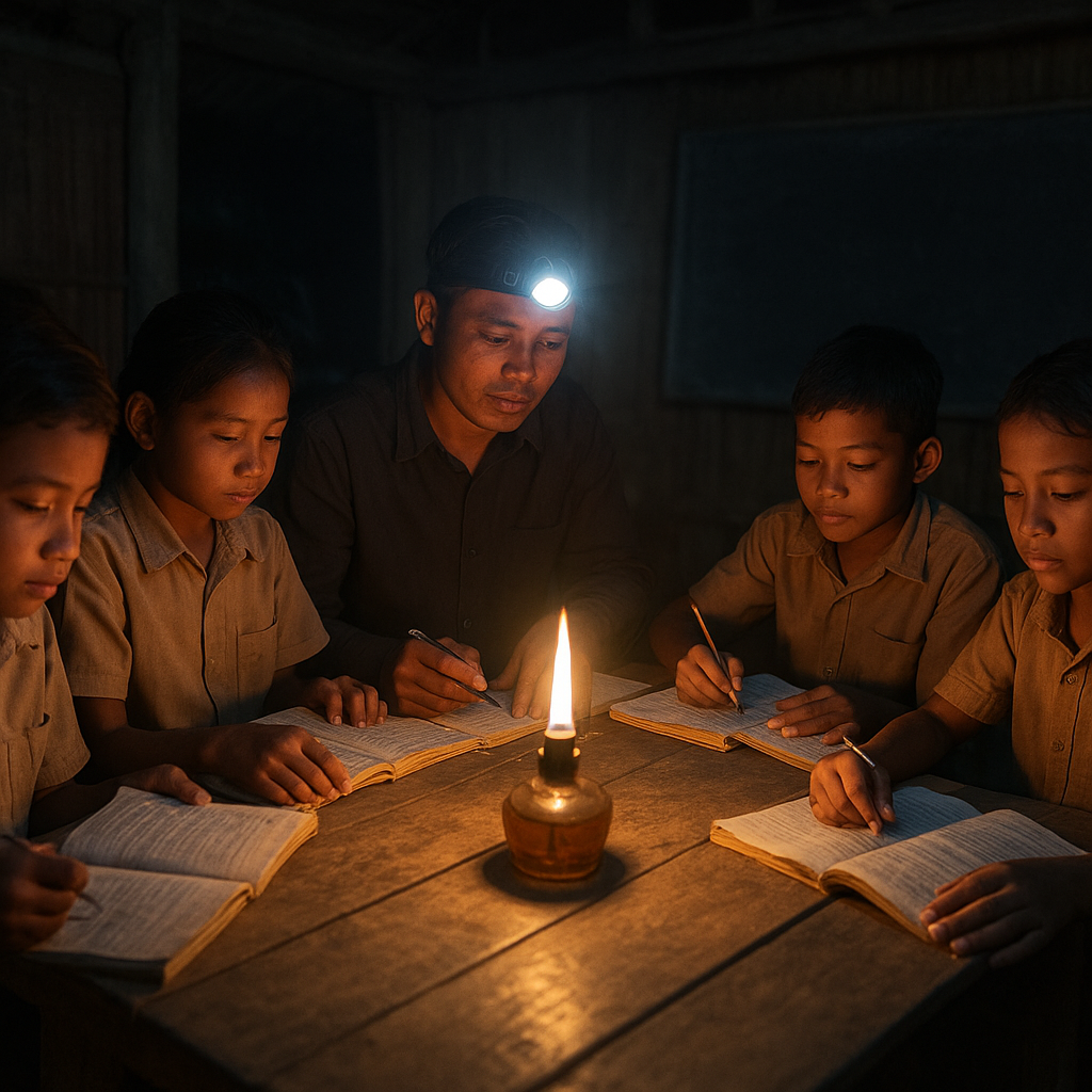 Anak Sekolah di Perbatasan Belajar di Bawah Sinar Pelita