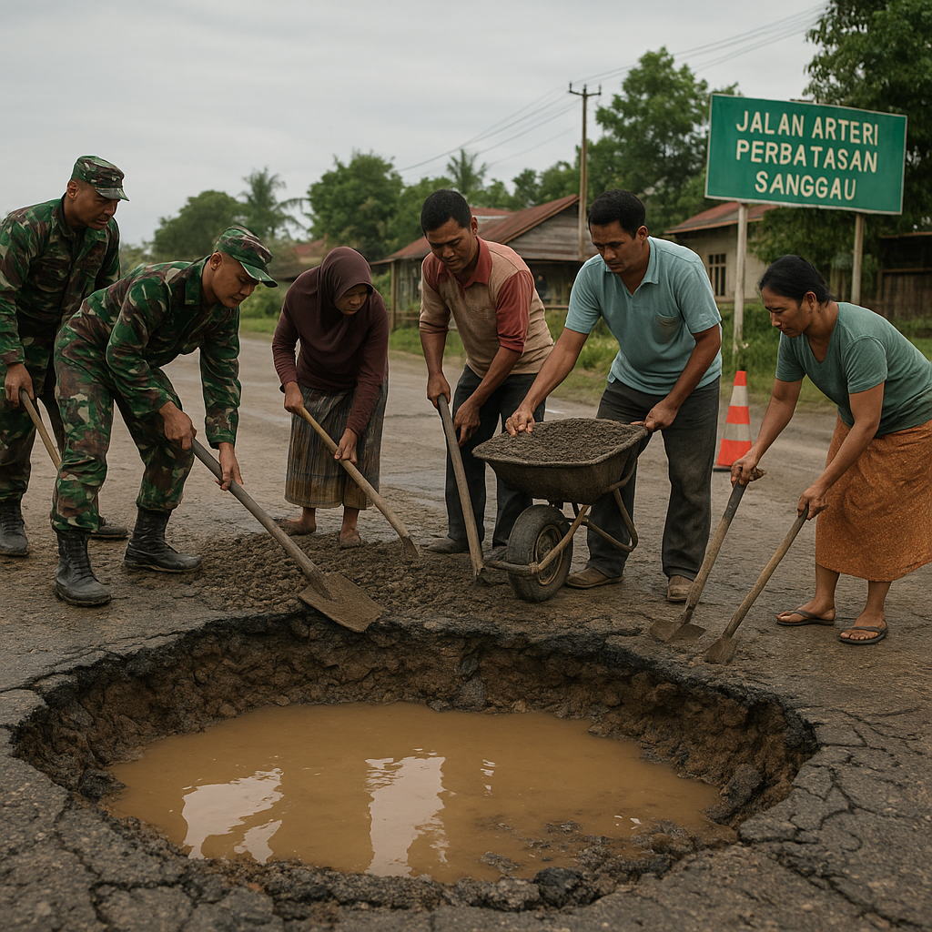 Menelusuri Jalan Arteri Perbatasan Sanggau: Lubang Menganga, Harapan Tekad TNI Ikut Membangun