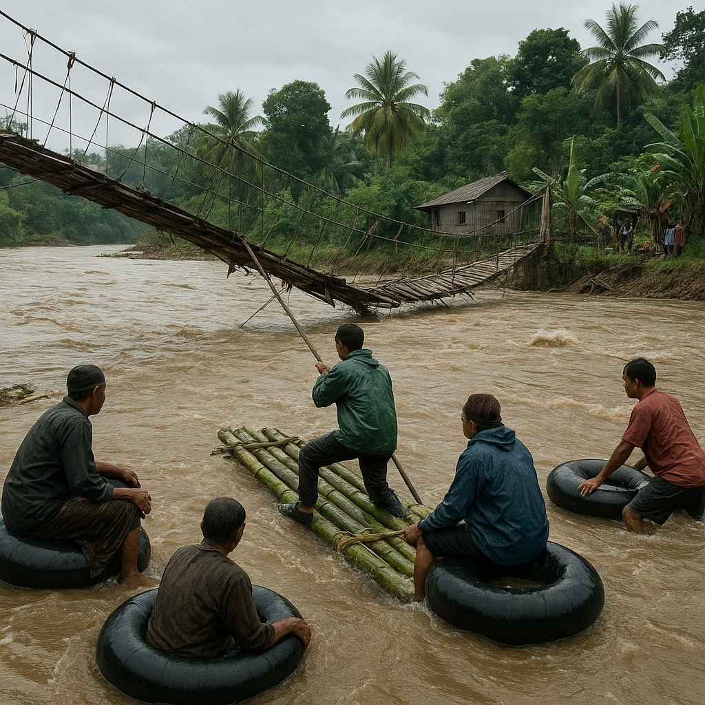 Jembatan Gantung Putus di Perbatasan Entikong, Warga Terpaksa Menyeberang Arus Deras