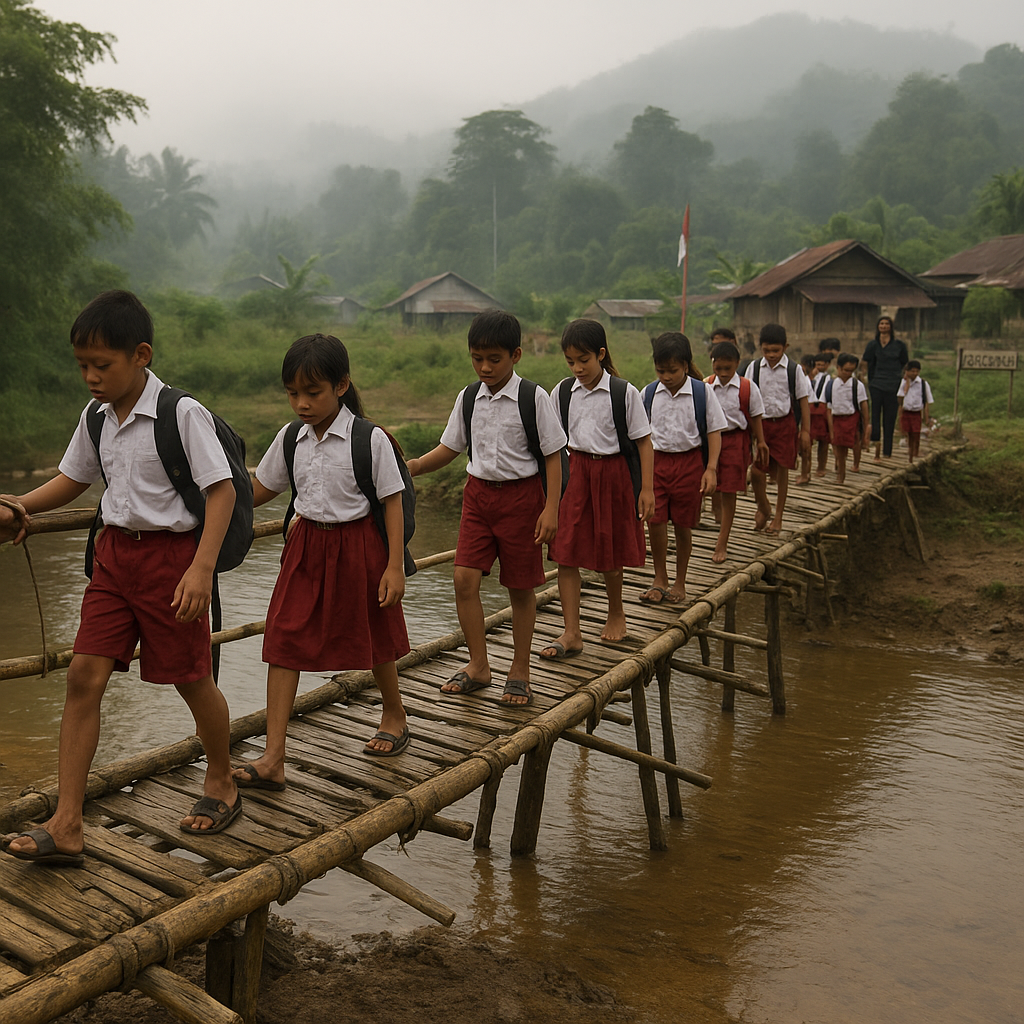 Jalan Setapak ke Sekolah di Lintas Batas Entikong: Bocah-Bocah Menyeberangi Sungai dengan Jembatan Bambu Rombeng