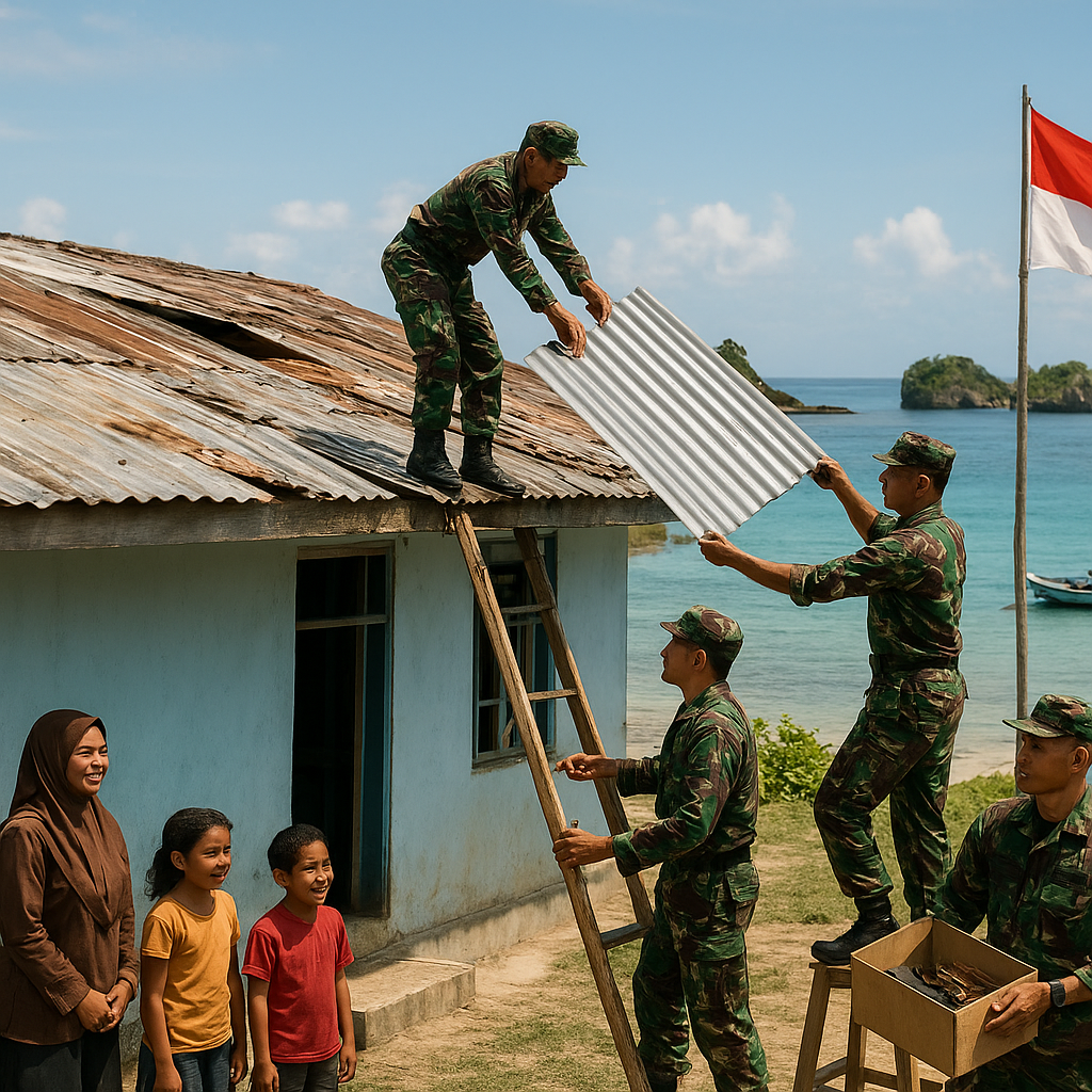 Satgas TNI di Pulau Rondo Perbaiki Atap Sekolah yang Rusak Diterjang Badai
